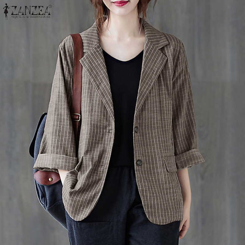 Zanzea Áo blazer nữ thời trang áo khoác mùa đông giản dị in nút sọc dài tay cổ điển #7