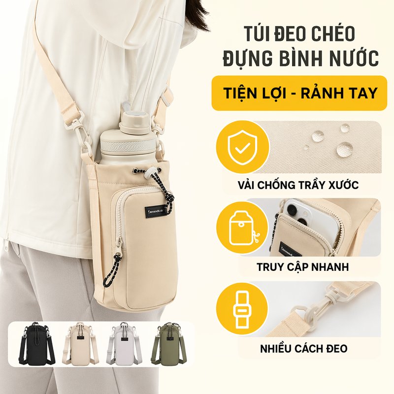 túi đựng bình nước túi đeo chéo vải chống trầy nhẹ gọn ngăn phụ lấy nhanh rảnh tay đi bộ leo núi đạp xe dã ngoại