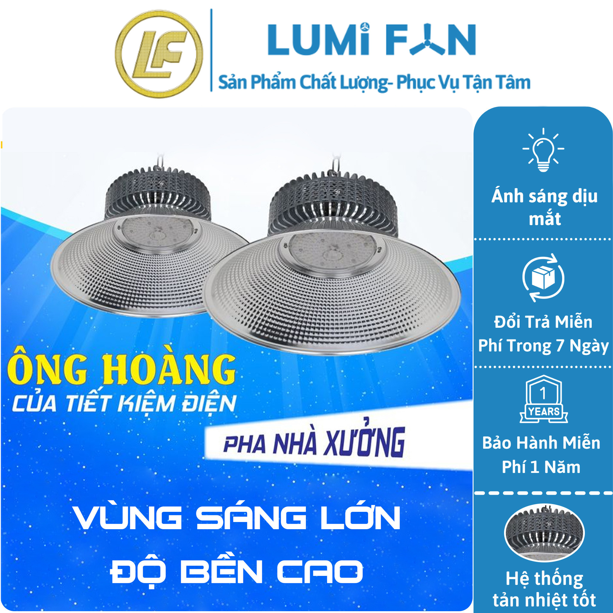 Đèn xưởng lumifan siêu sáng, tiết kiệm điện tối đa 100w, 150w, 200w - đèn sân nhà xưởng tiện lợi, tiết kiệm điện năng.