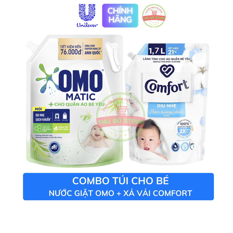 Nước Giặt OMO Cho Quần Áo Bé + Nước Xả Vải Comfort Thơm Hương Phấn Cho Quần Áo Bé (Giặt Xả Dịu Nhẹ Cho Da Nhạy Cảm)