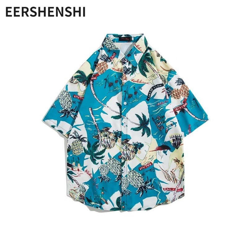 EERSHENSHI | Men's Hawaiian style short-sleeved shirt Art trend standard five-quarter sleeve square collar Japanese trend top youth fashion new lazy printed shirt ราคา 143 บาท*ส่งฟรี