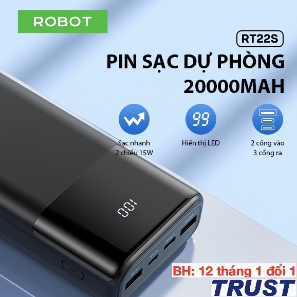 Pin Sạc Dự Phòng Nhanh 20000mAh ROBOT RT22S LED 2 Sạc Vào Micro/Type C & 3 Sạc Ra USB/ Type C