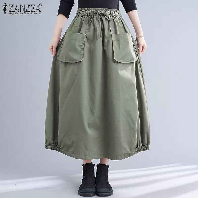 Hijabfab ZANZEA phong cách Hàn Quốc Phụ nữ cổ điển dây rút đơn giản eo overskirts Túi váy #0609