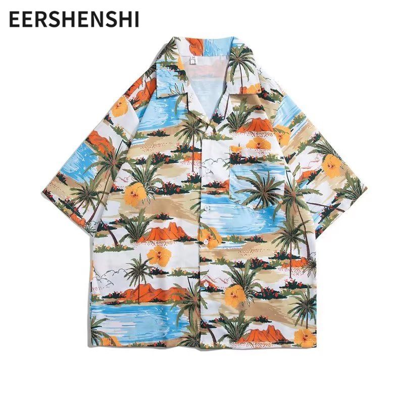 EERSHENSHI | Men's V-neck loose Hawaiian short-sleeved shirt Resort style thin shirt ราคา 143 บาท*ส่งฟรี