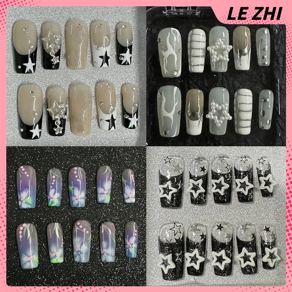 French Star Flower Long Coffin Quadrate Nails Art Handmade Y2k Hottie Reuses Press On Nail Chips Val