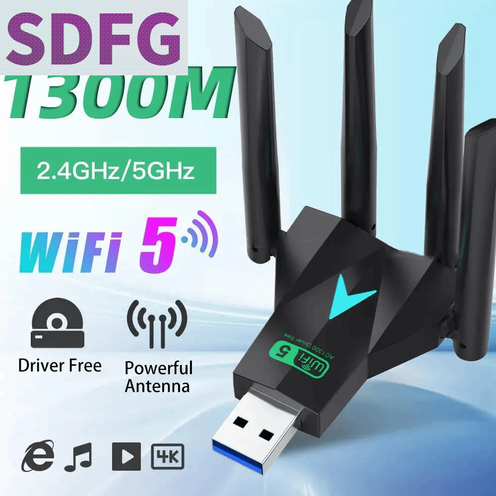 SDFG Băng tần kép 2.4G/5Ghz Bộ chuyển đổi USB WiFi băng tần kép Giao diện USB Thiết kế 4 ăng-ten Thẻ mạng không dây Thiết bị mạng Người nhận Thiết bị WiFi 1300Mbps Dành cho máy tính/PC/máy tính bảng Giá 243,000 Đồng*Miễn phí vận chuyển