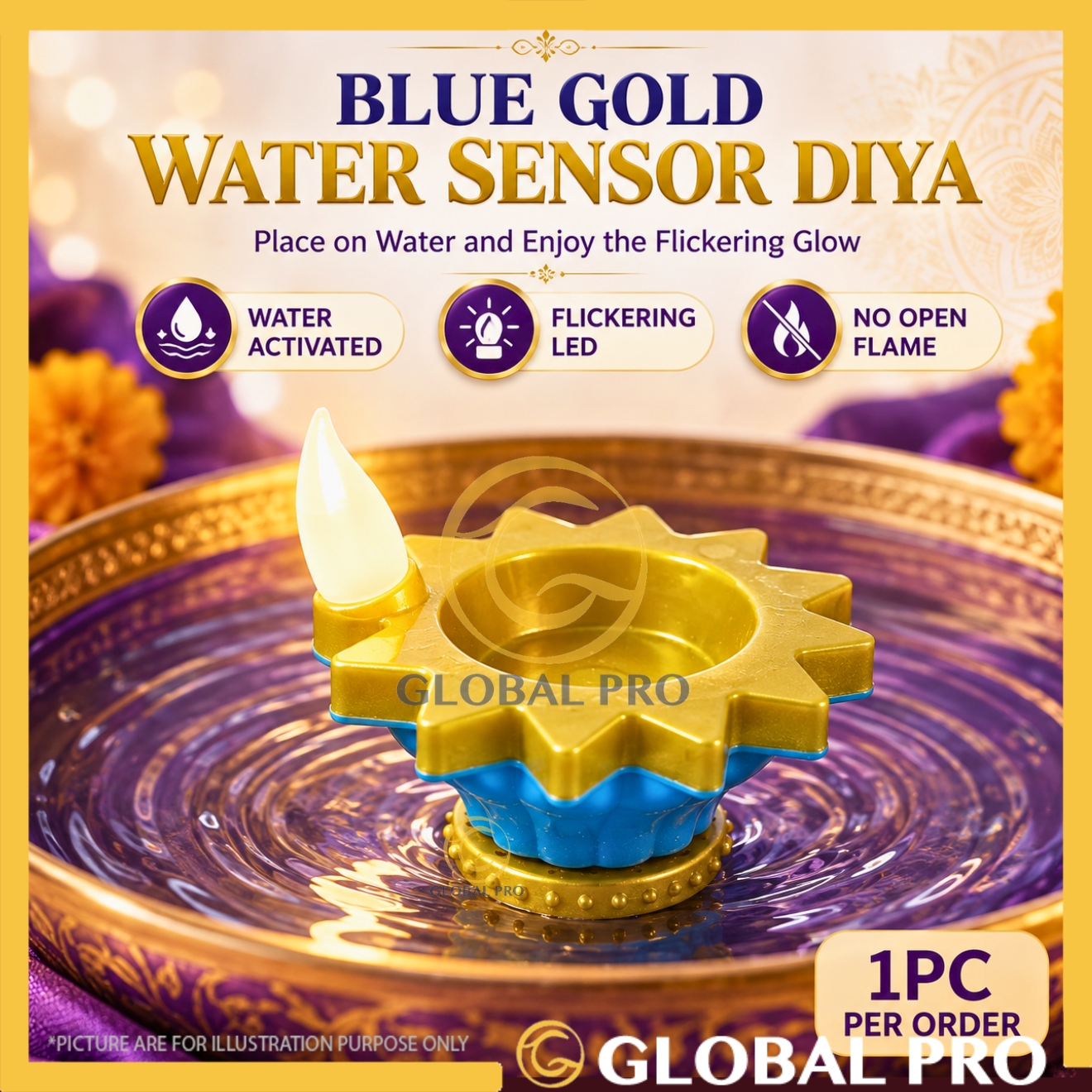 1PC Blue Gold Deepavali LED Flameless Water Sensor Diya Vilakku Lamp Warm Light Lampu Hiasan Diwali Indian Indoor Decor