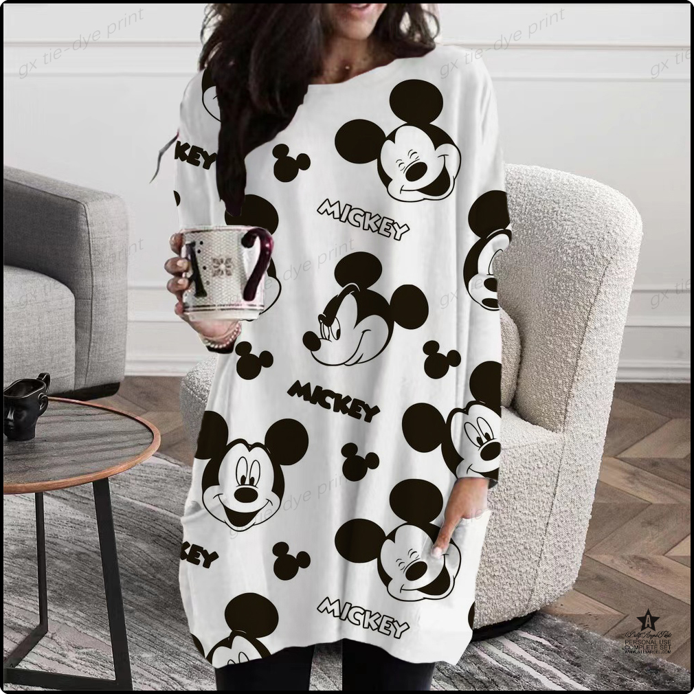 [9038] Summer Women T Shirt Cotton Quality Disney Mickey Mouse Print T-shirt Mid-length Short Sleeve Girls Casual sexy long dress