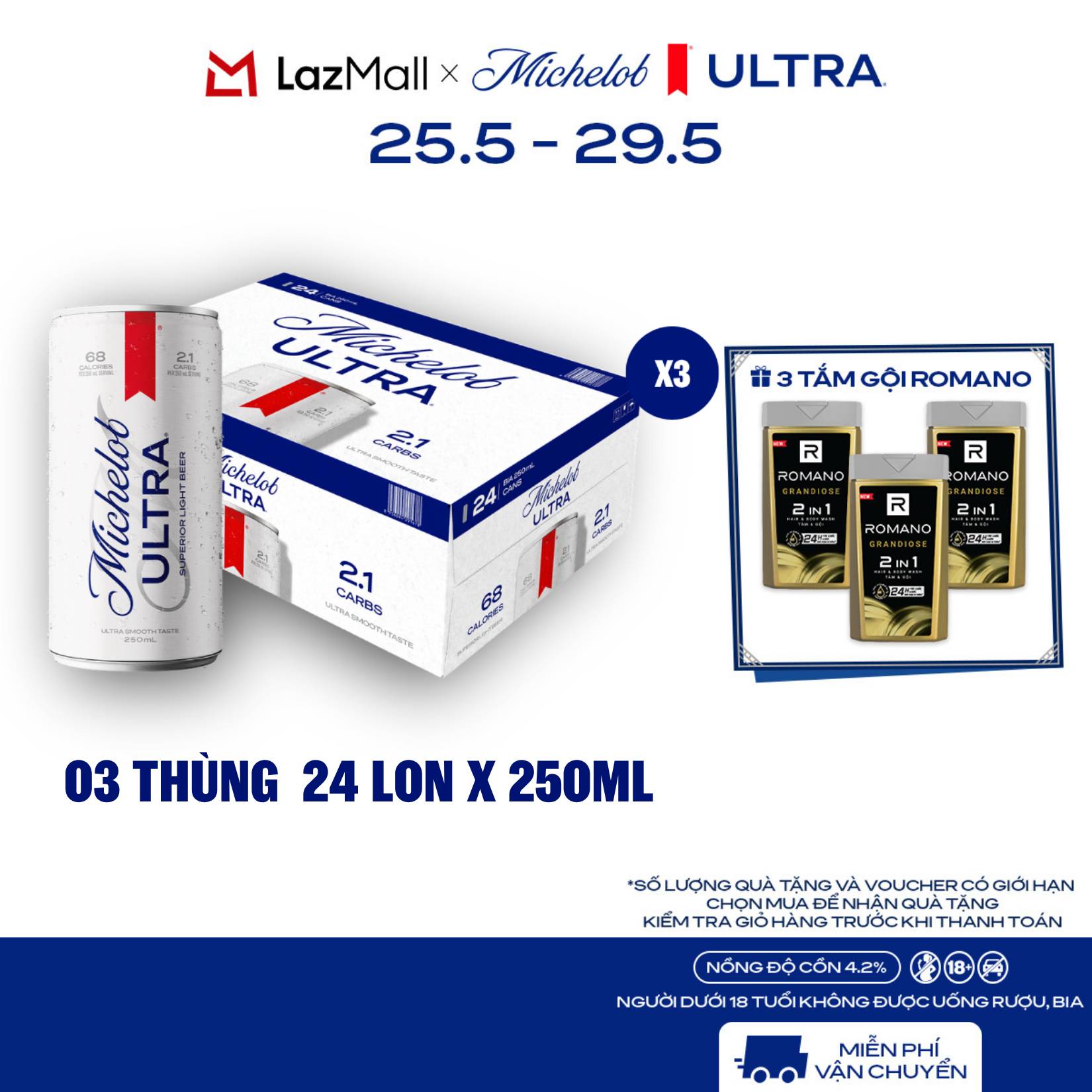 Nồng Độ Cồn 4.2% -  Combo 3 Thùng 24 Lon Bia Michelob ULTRA Chính Hãng (250ml/ lon)