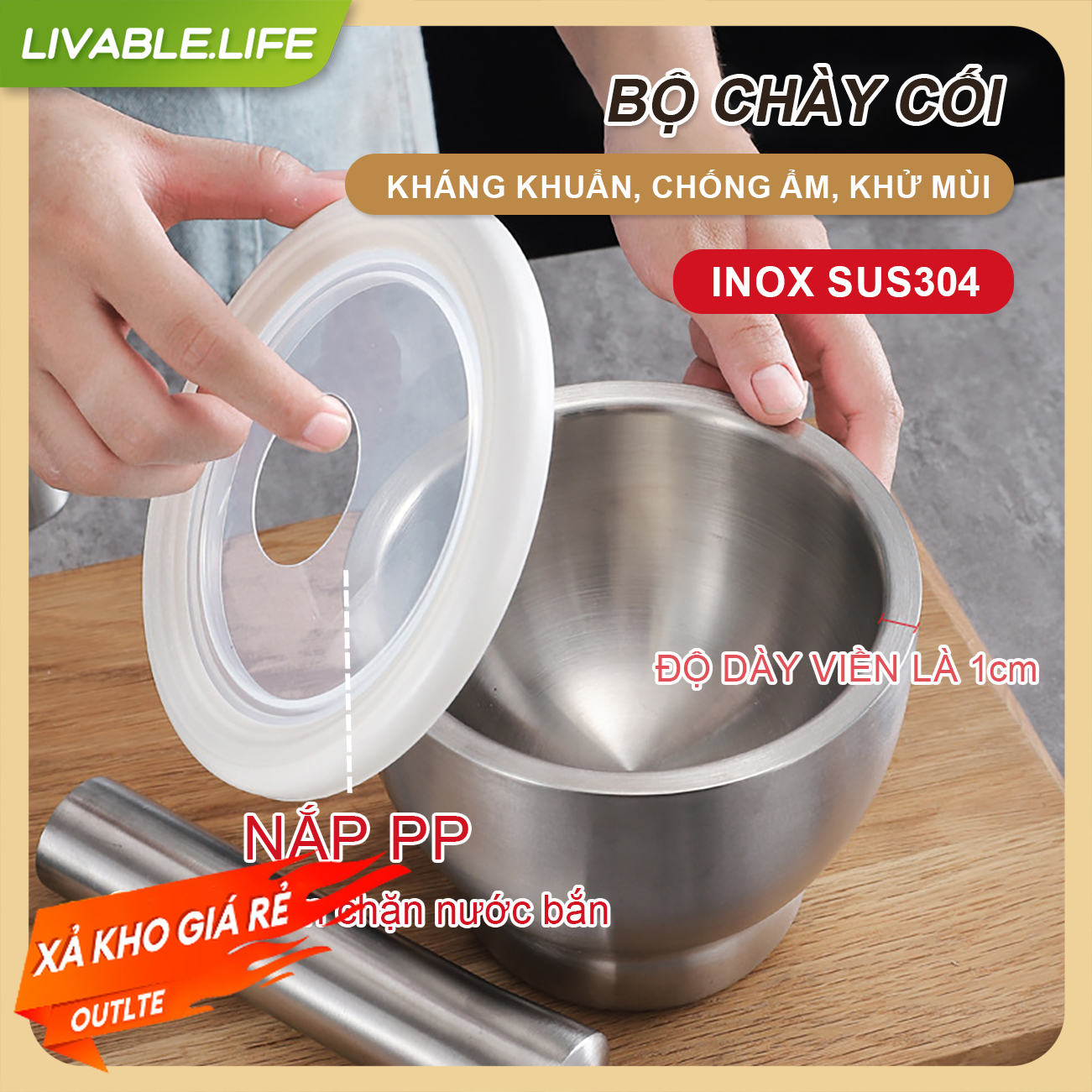 Bộ chày cối inox nguyên khối 304 nguyên khối không vết hàn có lắp đạy kèm chày dã đồ cực bộ cối chày siêu bên