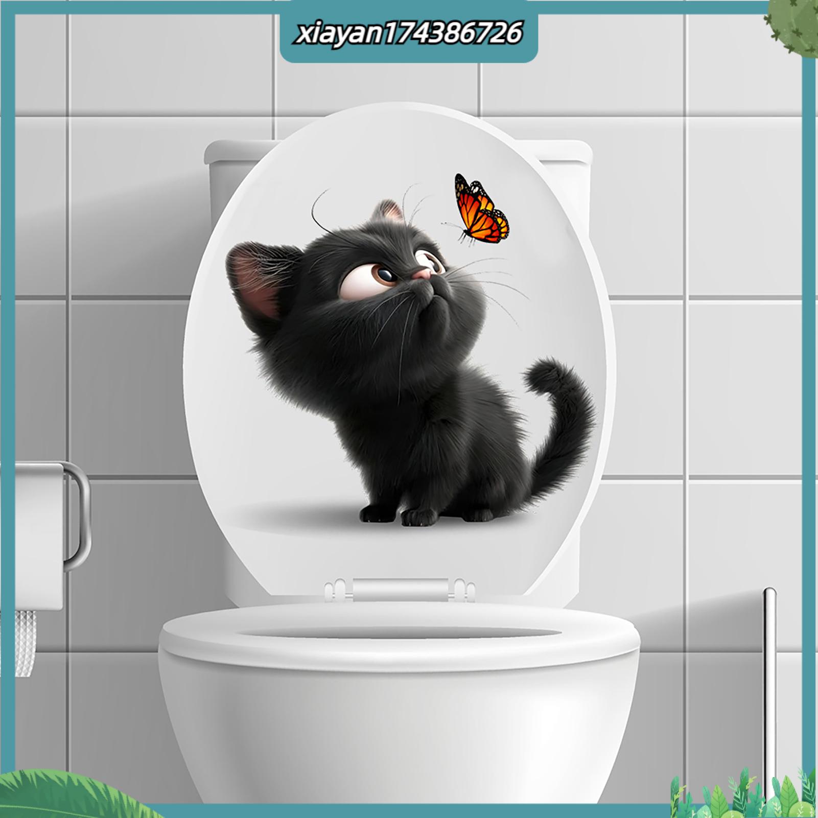 Pvc Toilet Sticker Cat Butterfly Pattern Toilet Sticker Cartoon Cat Toilet Sticker Waterproof Removable Self-adhesive Bathroom Wall Art Decal