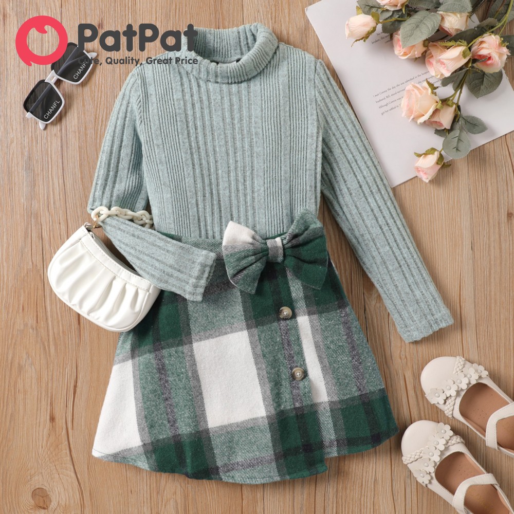Patpat 2 cái Bộ chân váy kẻ caro dài áo len tay áo và nơ trang trí cho bé gái