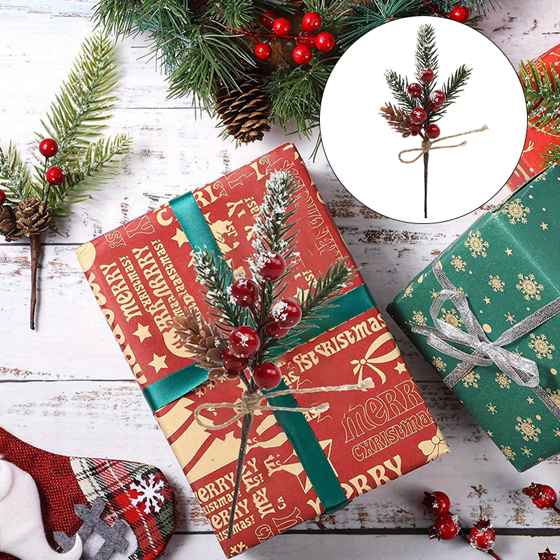 Simulated Red Fruit Twig DIY Wreath Christmas Gift Packaging Home Decoration Supplies - Quality Assured Green Plant Pine Needle Branch Accessories