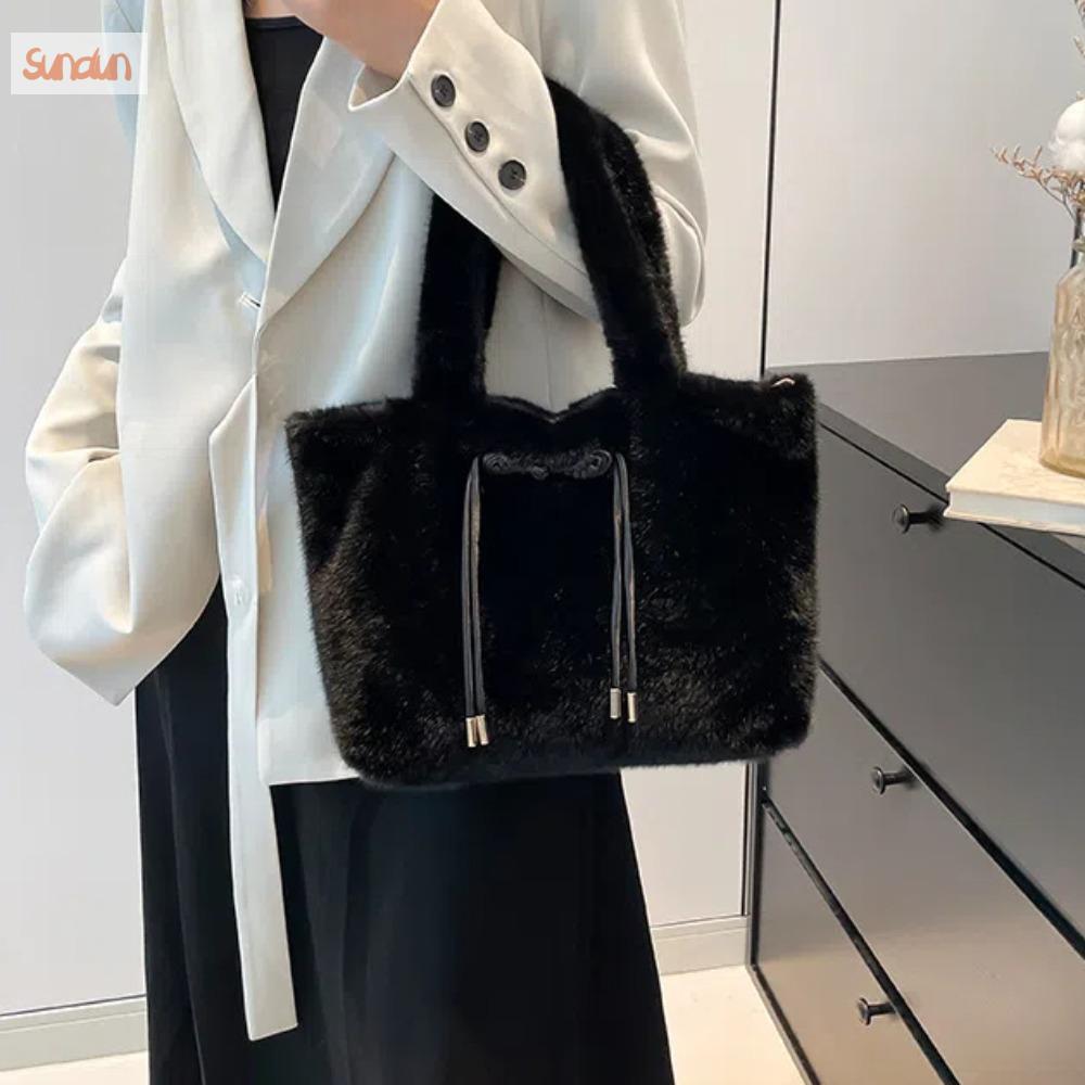 SUNDUN Phong cách Trung Quốc Túi tote bằng nhung có nơ móc cài Sức chứa lớn Đa năng Túi đeo vai mềm Tất cả phù hợp Màu sắc tinh khiết Túi lông nách Phụ nữ