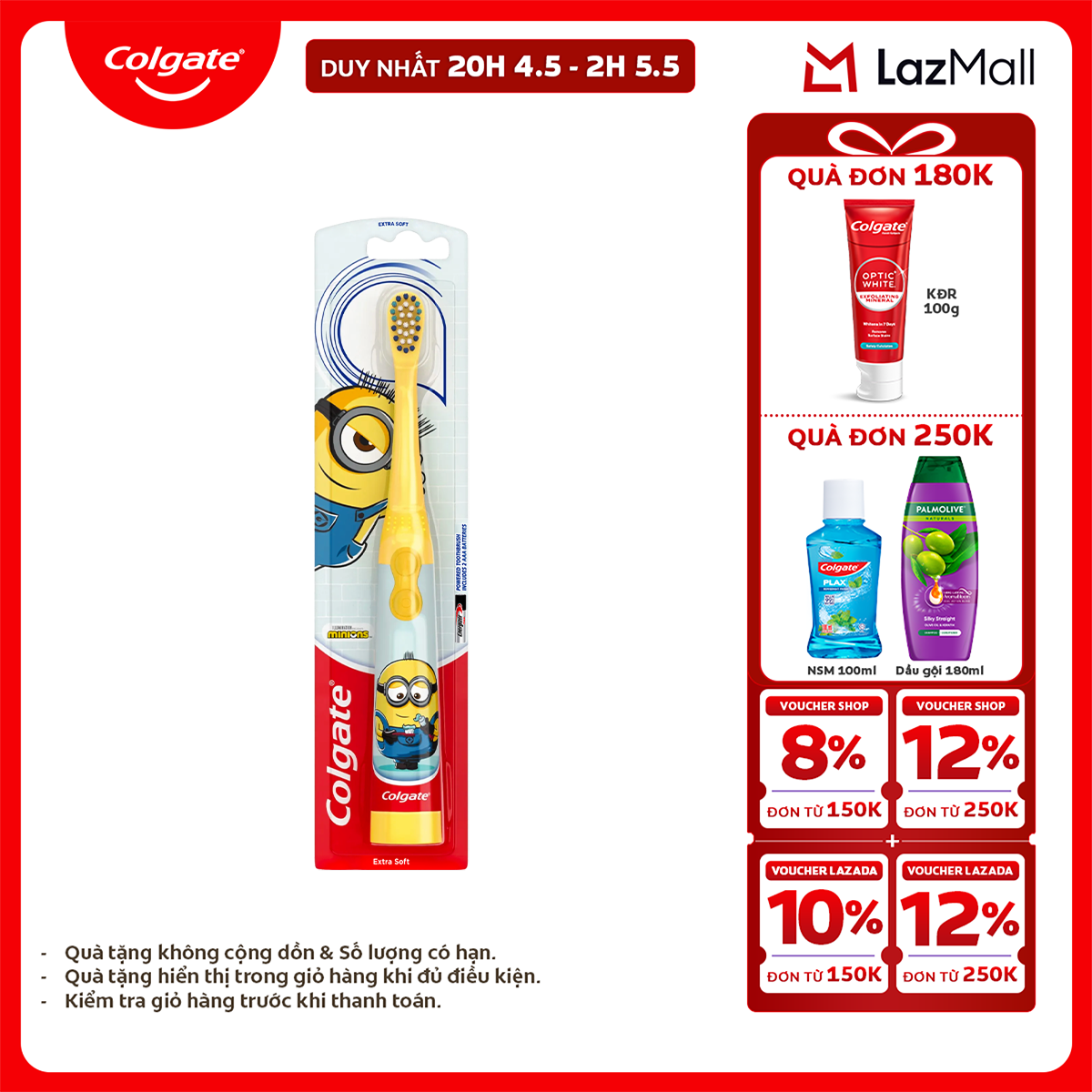 [Chỉ 25-29.4_X2 Voucher giảm 20%] Bàn chải điện Colgate Minion dành cho trẻ em làm sạch sâu dịu nhẹ