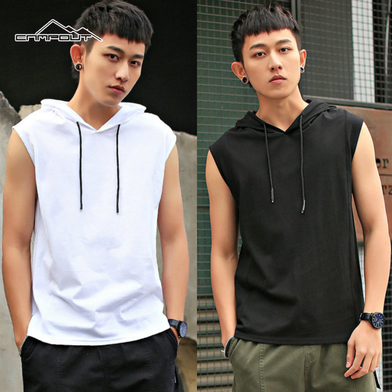 【CAMPOUT Áo ghi lê có mũ áo thun không tay không mũ trùm đầu xu hướng của nam Áo ghi lê có mũ áo nỉ không tay nam