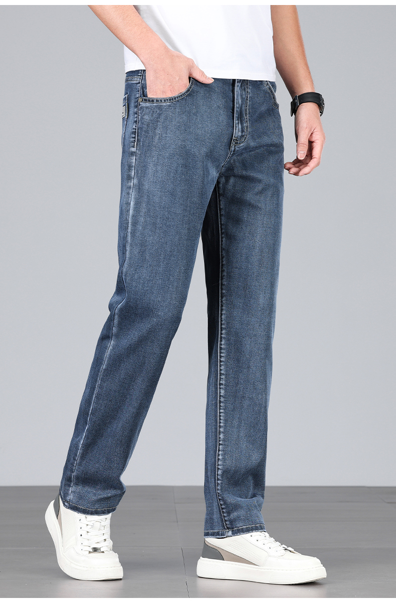 Summer Men's Baggy Jeans Blue UltraThin Classic Soft Breathable Business Casual Straight-leg Stretch Denim Trousers Male