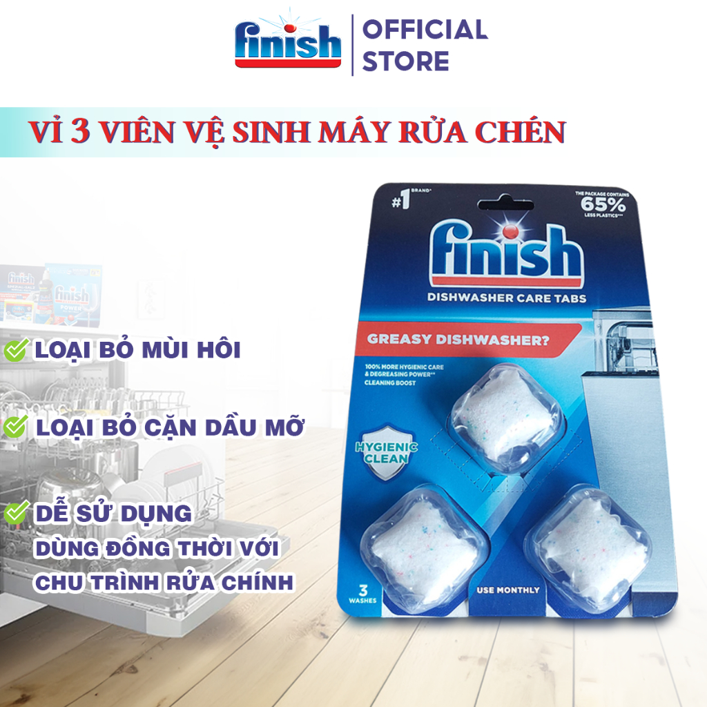 Viên Vệ Sinh Máy Rửa Bát Finish Loại Bỏ Các Vết Bẩn Lâu Ngày Trong Thiết Bị Nhập Khẩu Châu Âu Chính Hãng 3 Viên/vỉ