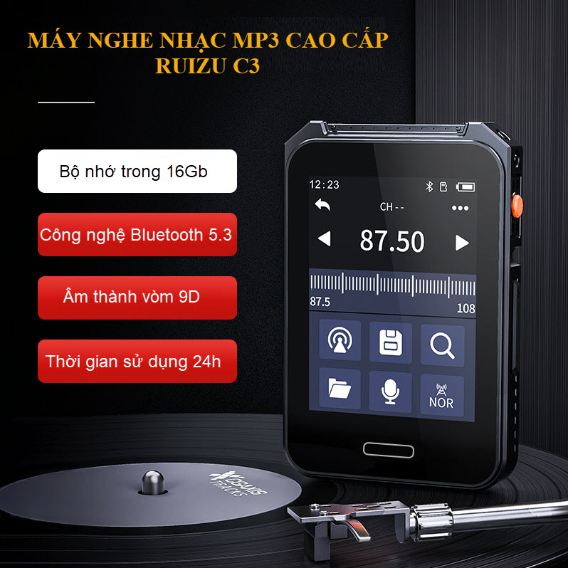 Ruizu C3 Máy Nghe Nhạc MP3 Màn Hình TFT 2.4 inch, Bluetooth 5.3 Bộ Nhớ Trong 16GB Hỗ Trợ Ghi Âm, Nghe Radio, Từ Điển