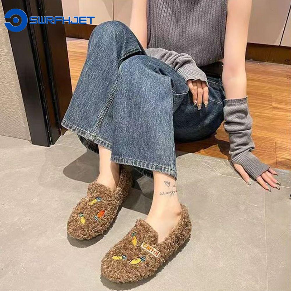 SWRFH Chống trượt Dép nhung lông Cà rốt thêu Hoạt hình Giày dép đi trong nhà mùa đông Thường ngày Mềm Giày nữ vải nhung lông Bé gái
