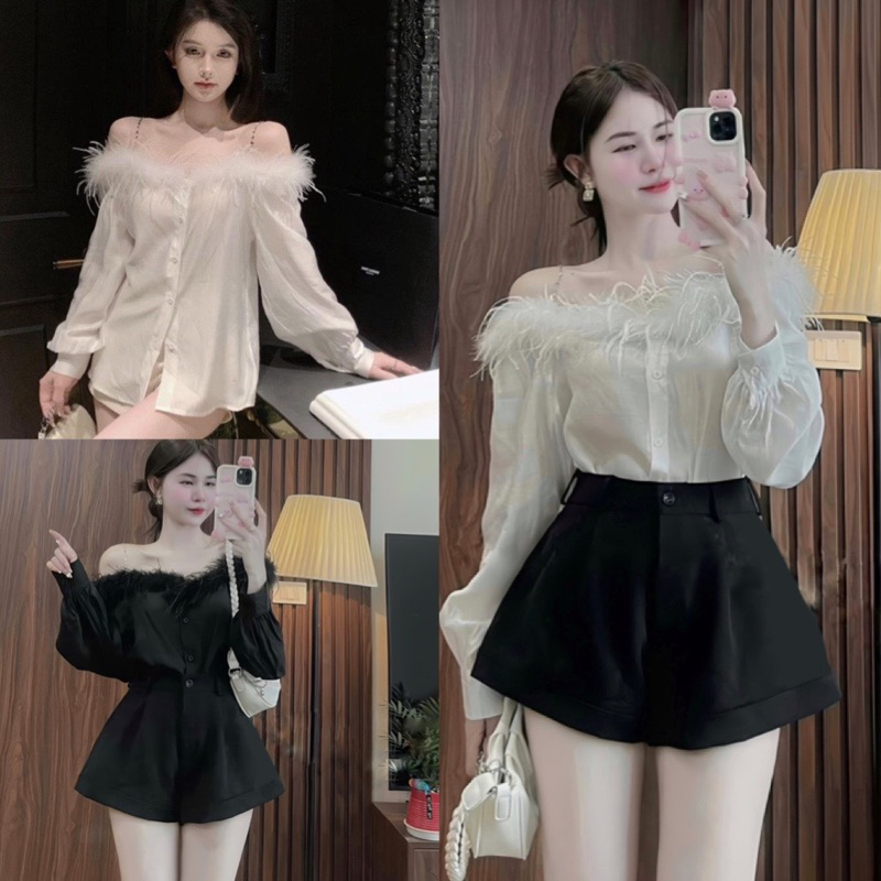  Áo Sơ Mi Trễ Vai Phối Ren Lông Dài Tay Chất Thô Mềm Màu đen Trắng Sơ Mi Nữ Kiểu Tiểu Thư Sang Chảnh Tay Bồng Ulzzang AMEE2 STORE 