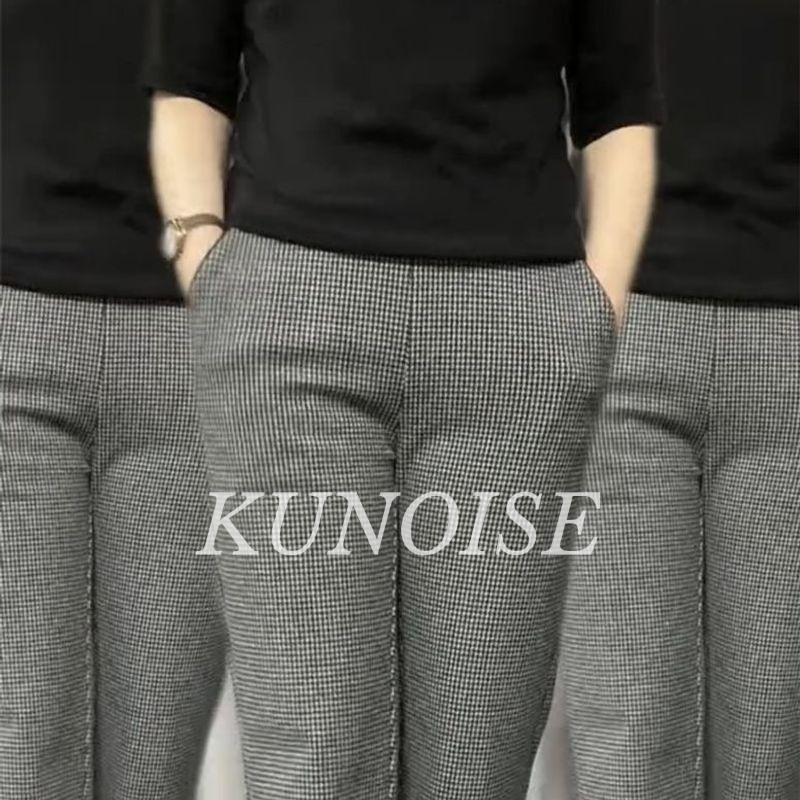 KUNOISE Women's Spring New Casual Pants Plaid Casual Pants High Waist Slimming Cropped Skinny Pants Fashion Houndstooth Straight-Leg Pants ราคา 140 บาท*ส่งฟรี
