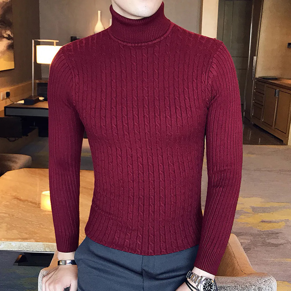 Casual Men Winter Solid Color Turtle Neck Long Sleeve Twist Knitted Slim Sweater Men's Knitted Sweaters Pullover Men999_voghion.com