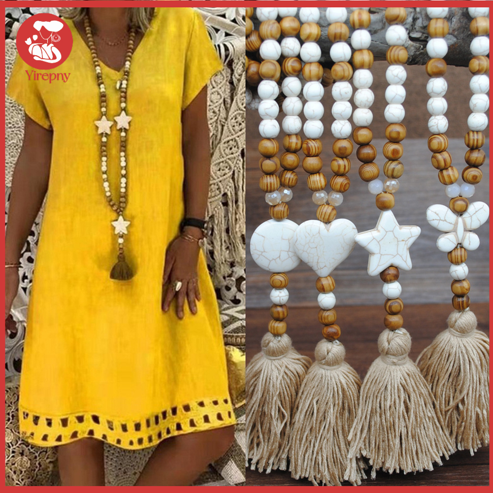 Yirepny Bohemia Women Handmade Beads Tassels Pendant Chain Sweater Long Necklace Jewelry ราคา 170 บาท*ส่งฟรี