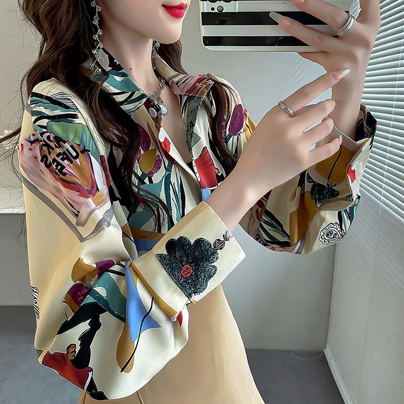 LUNAáo girl phố nữ dép nữ xinh áo sơ mi form rộng Đầu mùa thu dài tay in áo sơ mi nữ 2024 quần áo ph