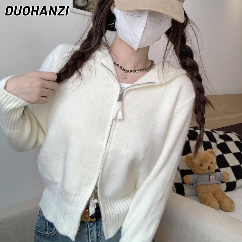 Duohanzi Áo cardigan dệt kim zip dễ thương với thiết kế trùm đầu cho phụ nữ, Áo Len Ngắn Tay mùa thu, trang phục phong cách Hàn Quốc thường ngày