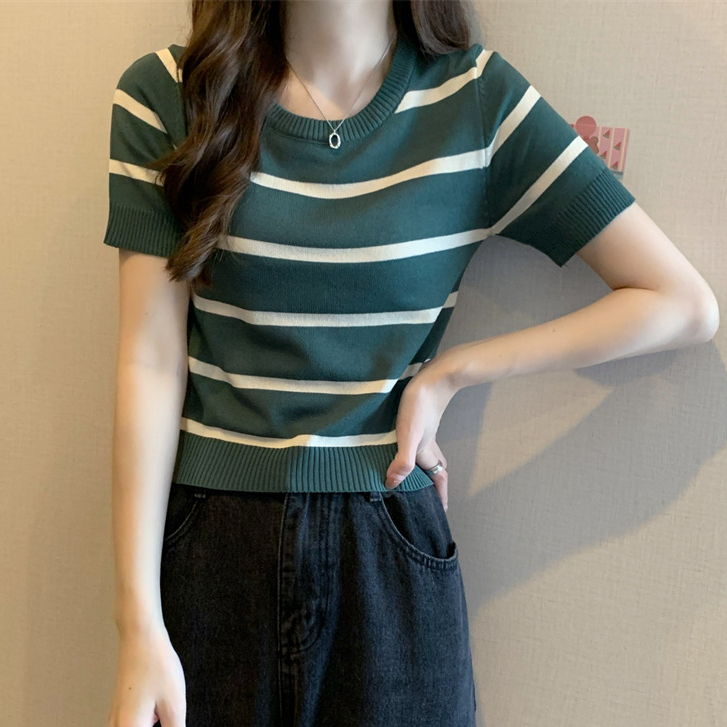 ZSdsa Áo thun dệt kim croptop nữ tay ngắn kiểu kẻ sọc cổ tròn len mongtoghi dáng ngắn phong cách Hàn