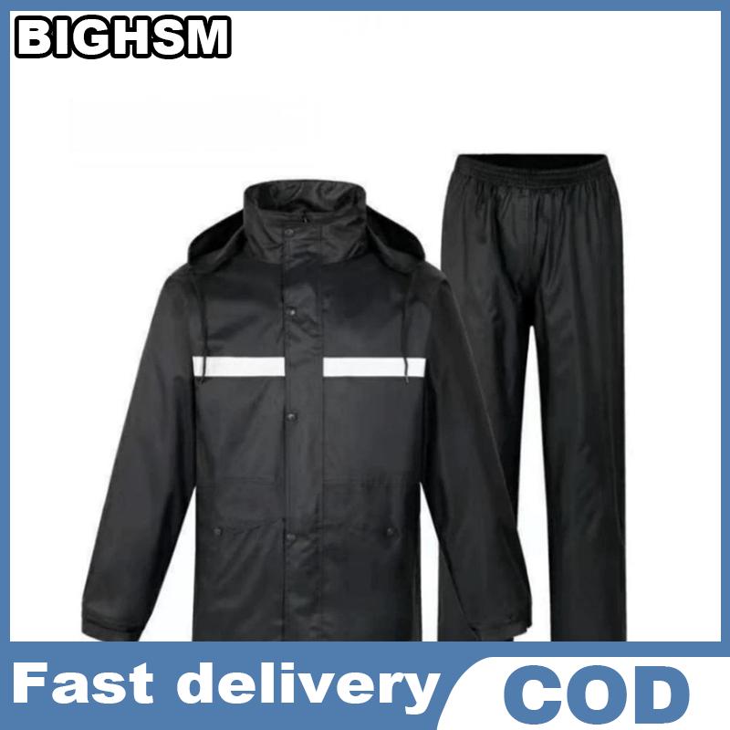 BIGHSM เสื้อโค้ทมีฮู้ด + กางเกงกันฝนสำหรับผู้หญิงผู้ชายชุดกันฝนกันน้ำกลางแจ้งมีแถบสะท้อนแสงเสื้อกันฝนสำหรับขับขี่มอเตอร์ไซค์2ชิ้น ราคา 167 บาท*ส่งฟรี