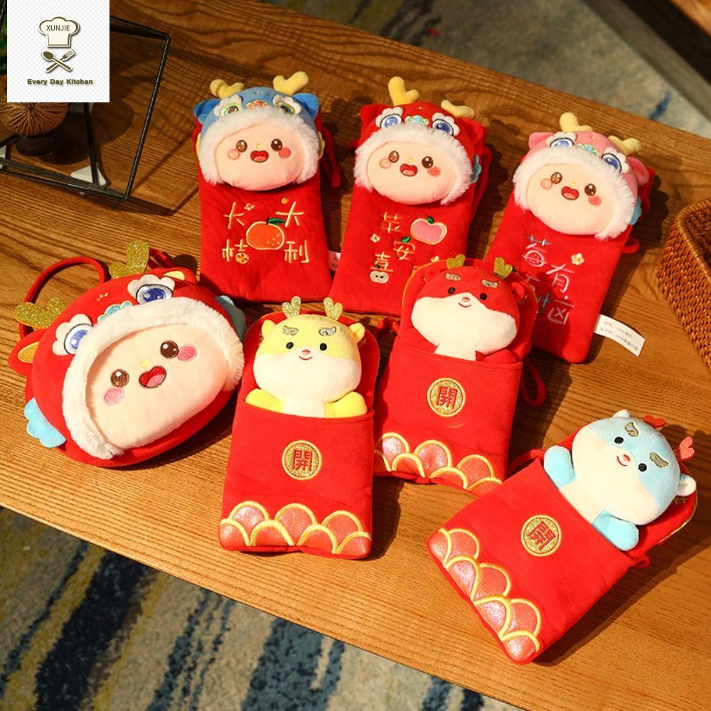 Bao lì xì tết 2024 lì xì tết 2024 độc lạ phong bì đựng tiền đẹp bao lì xì chữ hỷ 2024 XUNJIE Rồng Trung Quốc Ví Đựng Tiền bằng vải nhung lông hình Rồng Trung Quốc Túi màu đỏ Tiền may mắn