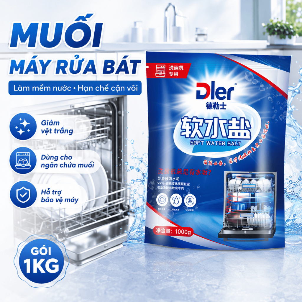 Muối Rửa Bát Dler 1KG Cho Máy Rửa Bát, Hỗ Trợ Giảm Cặn Trắng, Làm Mềm Nước, Bảo Vệ Máy
