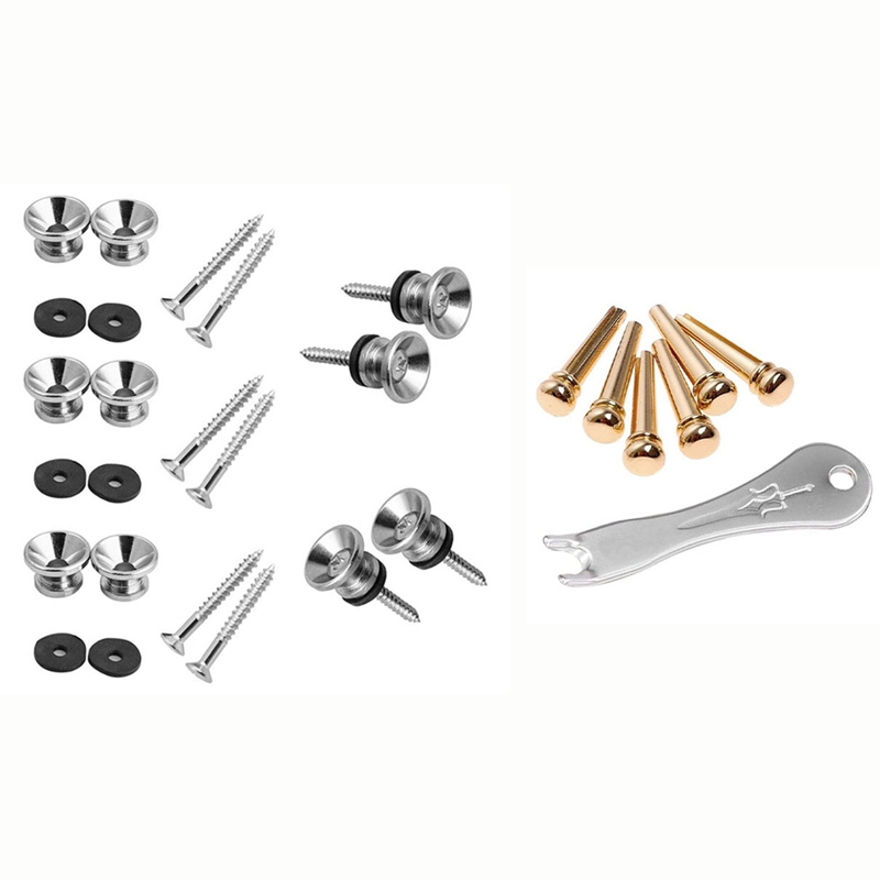 6Pcs Brass Endpin with Guitar Bridge Pin Puller & 10Pcs Metal Strap Buttons End Pins with Mounting Screws