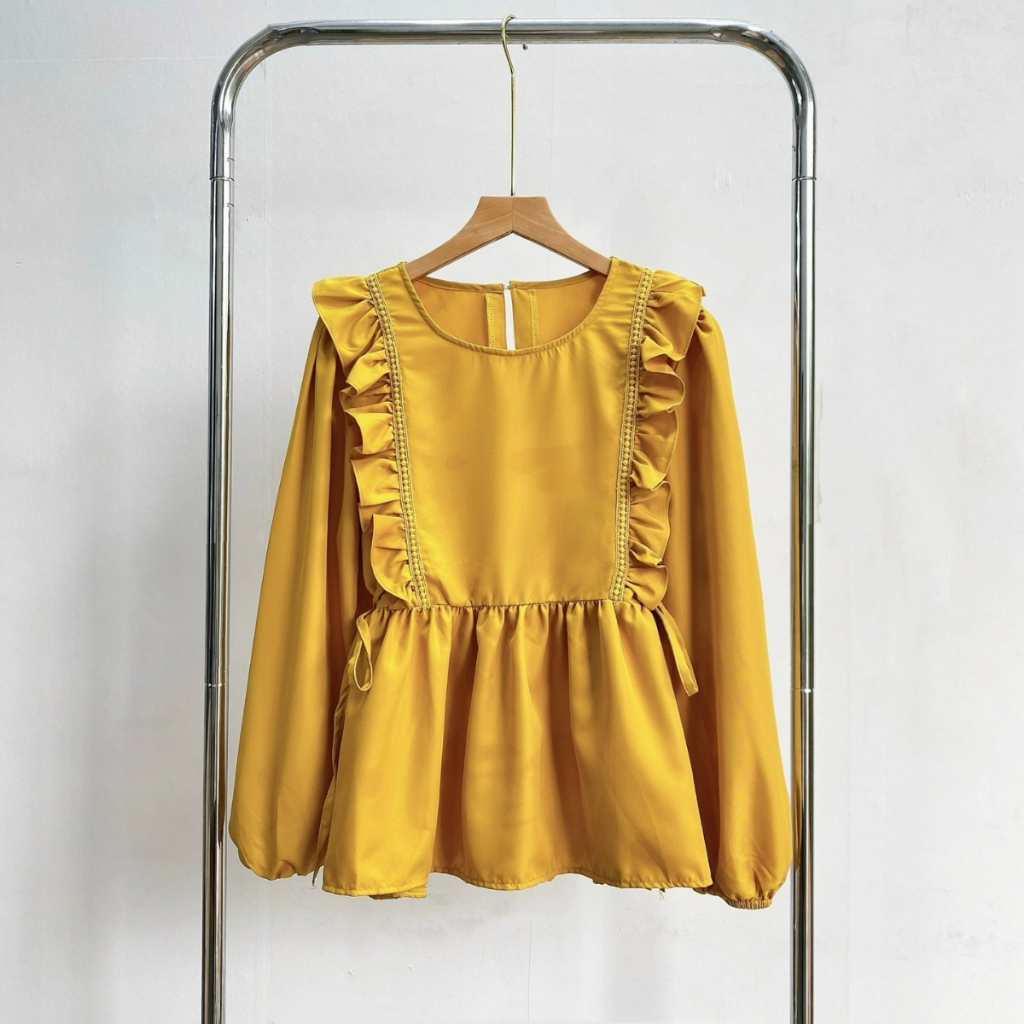 Áo sơ mi nữ bigsize cô nhỏ cổ tròn viền thân bèo ren tay dài phồng dáng xòe babydoll chất lụa chéo t