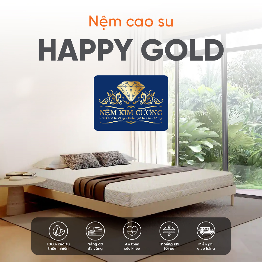 [Trả góp 0%] Nệm nằm ngủ 100% cao su thiên nhiên Kim Cương Happy Gold- êm ái , đàn hồi - Bảo hành 12 năm.