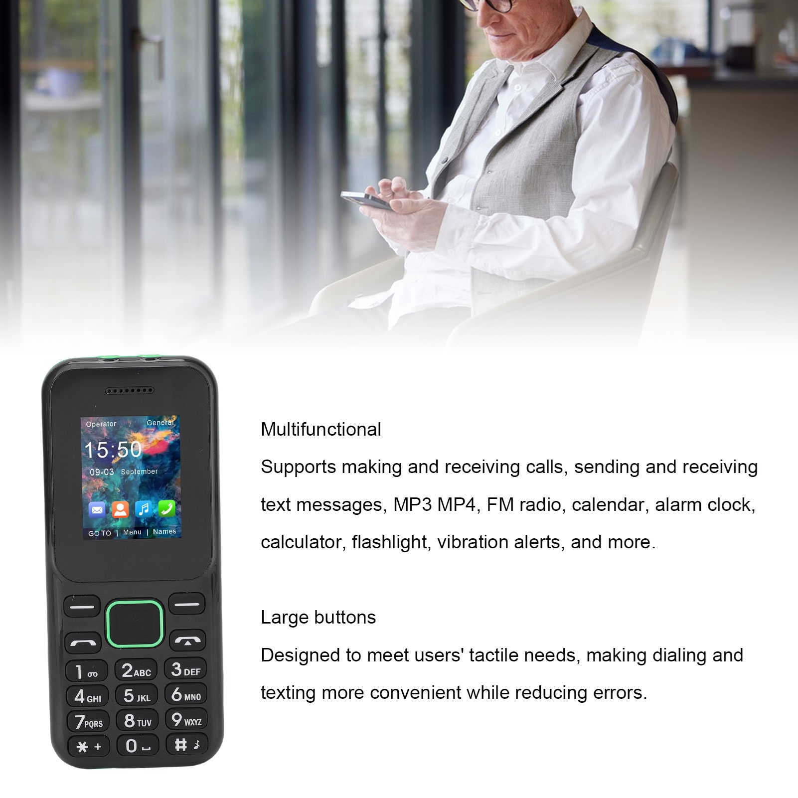 2G Unlocked Elderly Mobile Phone 1.77 Inch Bluetooth Big Buttons Cell Phone with 3600mAh Battery Loud 2 SIM Card Slots for Senior ราคา 701 บาท*ส่งฟรี