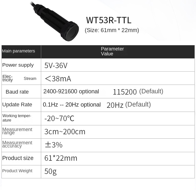WT53R Cảm Biến Đo Khoảng Cách Laser WT53R-TTL 4Cm-400Cm | Phạm Vi 4cm-400cm | Giao Tiếp UART/RS485 - 3-5V