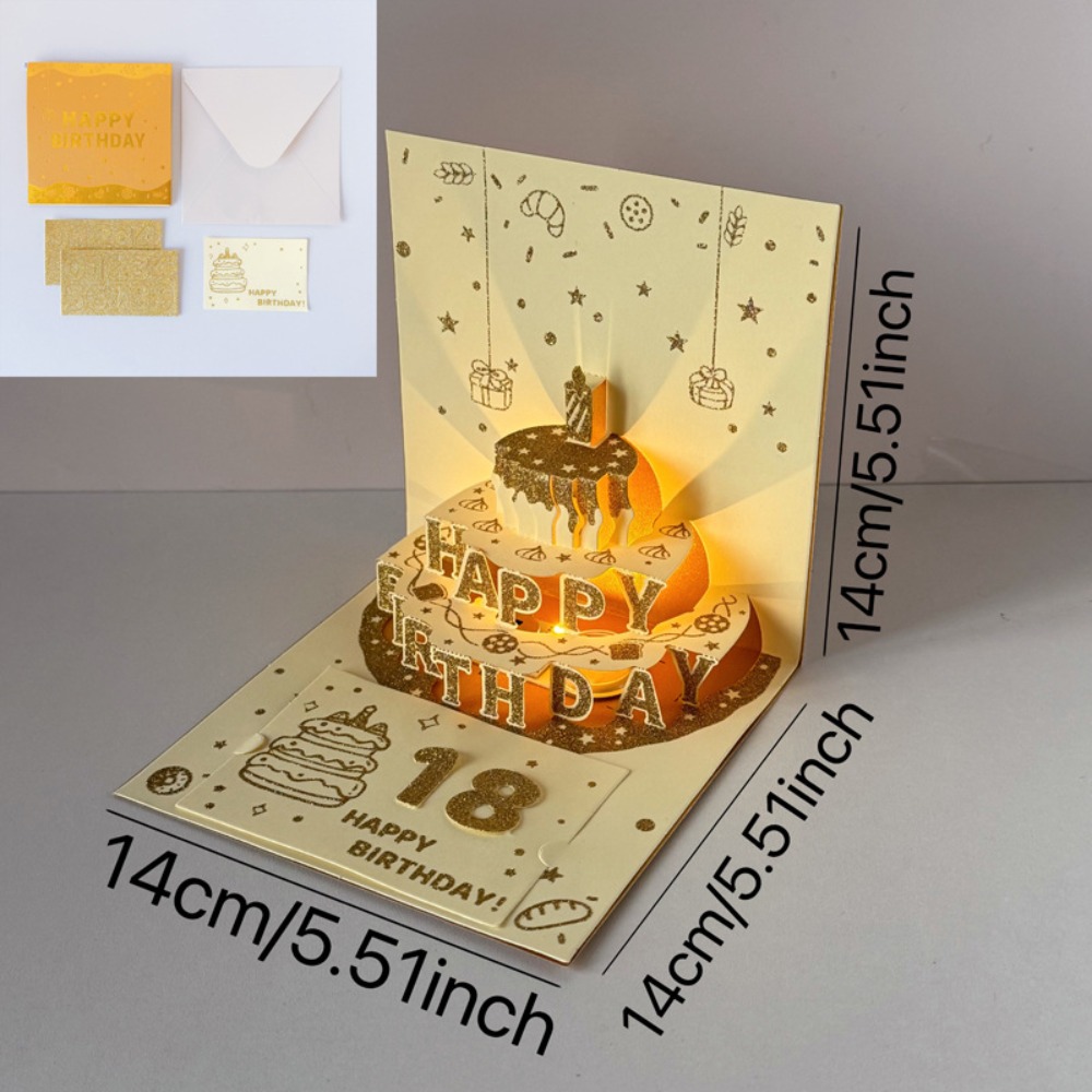 MAKERVY with Automatic Music Lighting Happy Birthday Card 3D Four-Layer Birthday Cake Musical Light Greeting Card Creative Pop Up Gift Card Gift