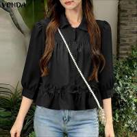 VONDA Korean Style Women Girlish Shirt Collar Pleated Wear Ruffled Edge 3/4 Sleeve Doll Top #0302