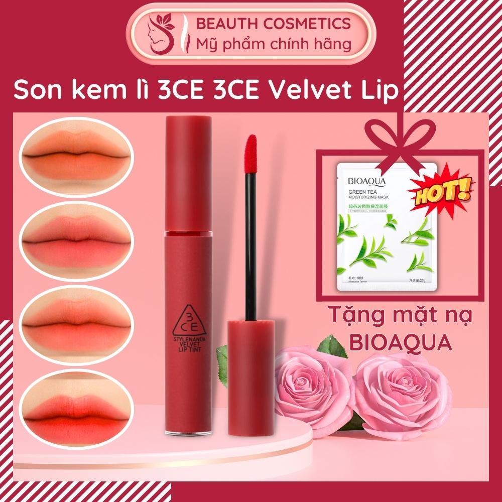 Son môi kem lì 3ce velvet lip tint 4g, son thỏi mịn màng chính hãng- walk n talk, cashmere nude, definition, like gentle