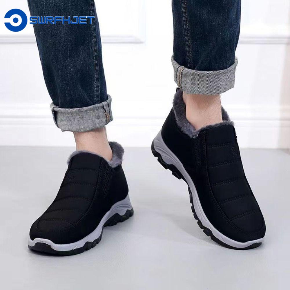 SWRFH Thêu chữ Giày vải bông sang trọng Ống ngắn Chống trượt Bốt Nam Mùa Đông Thoải mái Đế mềm Giày dày hoài cổ Nam