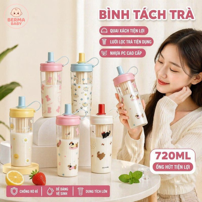BERMA BABY bình nước uống nhựa pc 720 dung tích lớn ống hút lưới lọc kín nắp chống tràn quai cầm dùng đi học đi làm