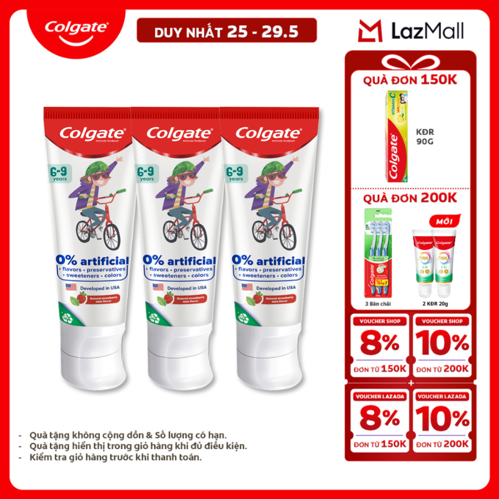 [Chỉ 25-29.5_X2 Voucher giảm 20%] Bộ 3 Kem đánh răng Colgate Kid Free From dành cho trẻ em 6-9 tuổi không hương liệu và chất bảo quản 80g
