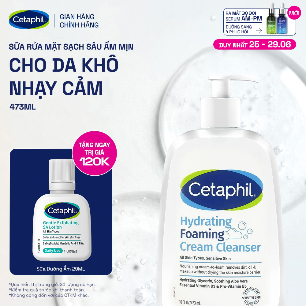 Sữa rửa mặt tạo bọt dịu lành cho da khô nhạy cảm Cetaphil Hydrating Foaming Cream Cleanser 473ml