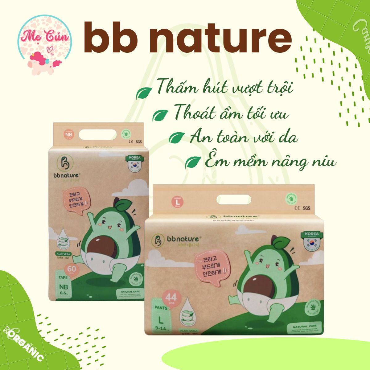 (Link ko quà) Tã bỉm quần, dán bông hữu cơ BB Nature NB60, S56, M52 quần M48, L44, XL40, XXL38