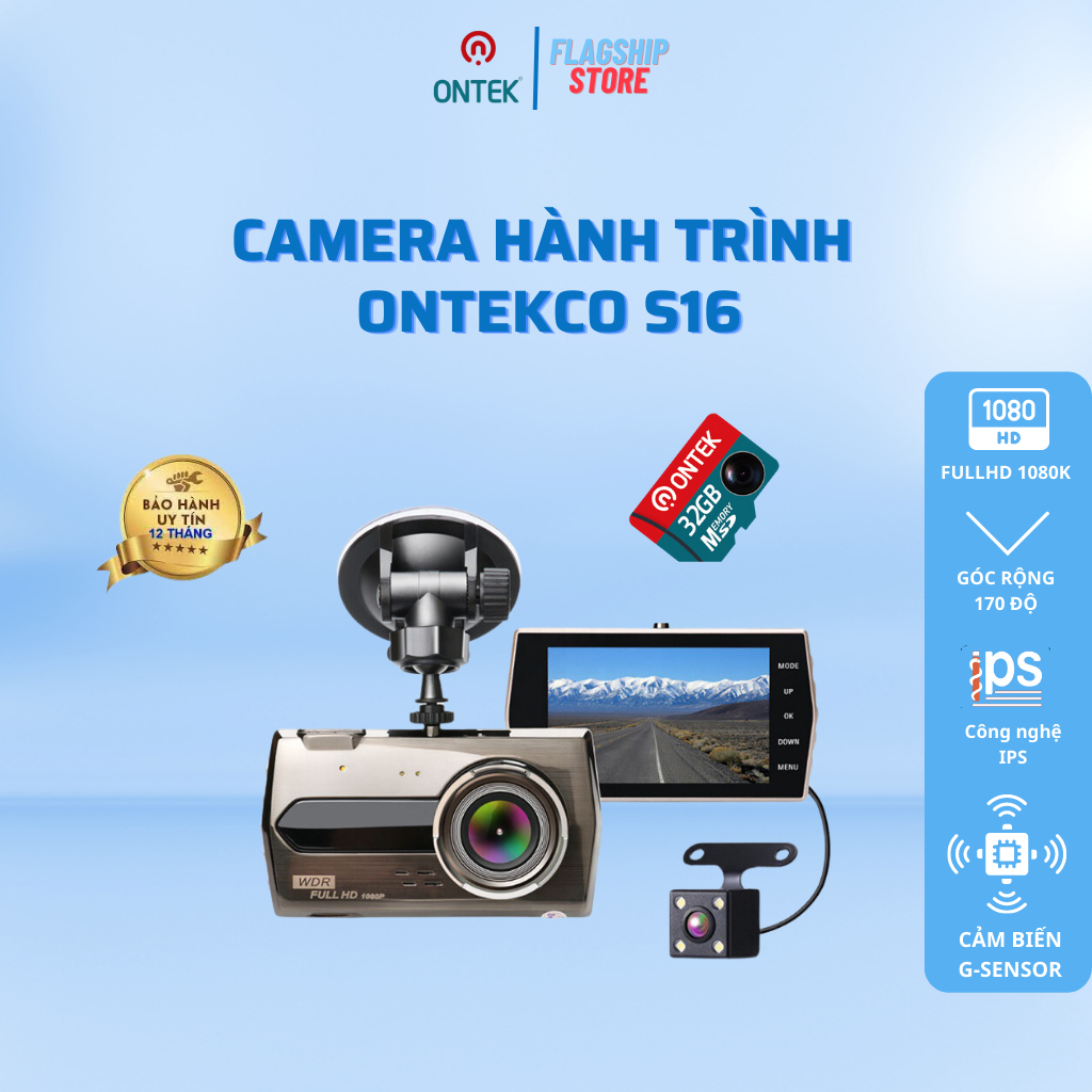 Camera hành trình ONTEKCO Model S16 tiếng việt chuẩn, màn hình 4 Inh, chất lượng 1080P - Bảo hành 12 tháng