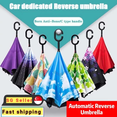(Local Seller)Automatic C Handle Reverse Folding Umbrella Sun Rain Car Semi-automatic Inverted Umbrellas Double Layer Anti UV Self Stand Parapluie