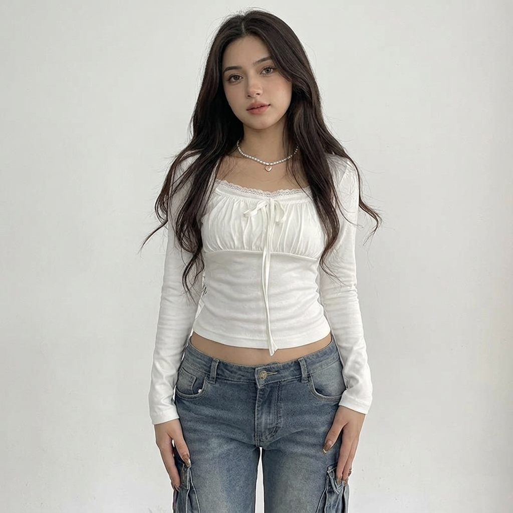 LONG SLEEVE SQUARE-NECK LACE-TRIM RUCHED PLAIN SLIM-FIT CROP TOP